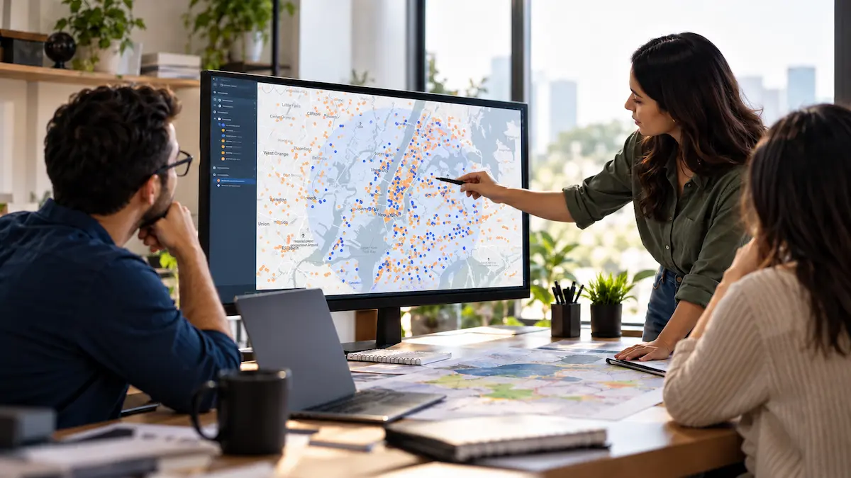 An analyst points at a large monitor showing a point-density map of a metropolitan area while two colleagues watch across a table spread with printed maps