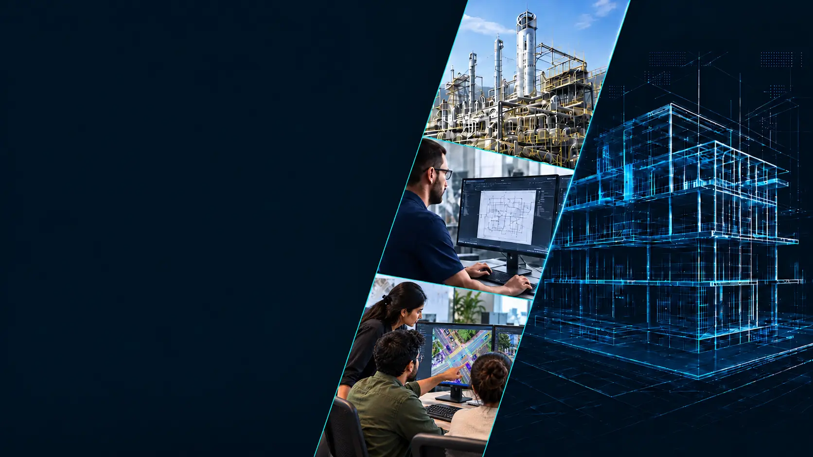 Technical production work: an industrial process plant, an engineer CAD drafting, a team reviewing annotated aerial street imagery, and a 3D building wireframe model