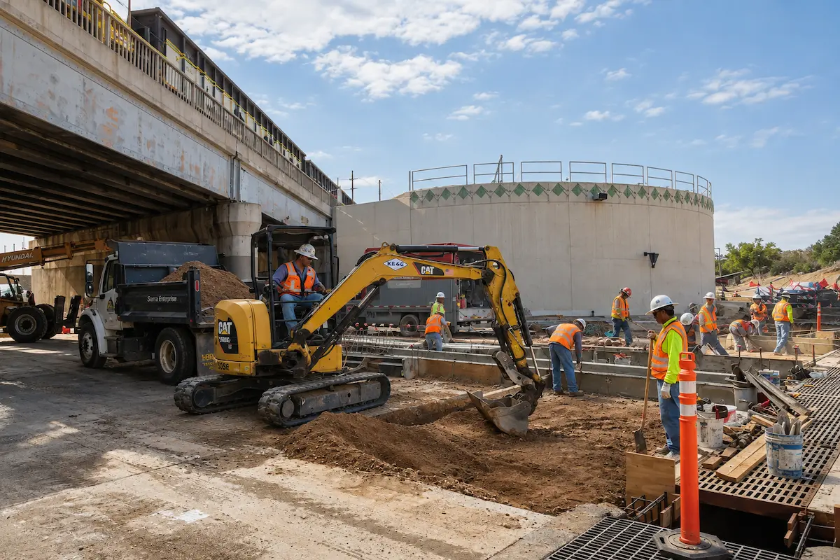 A crew in hard hats and high-visibility vests works on a municipal utility site, a compact excavator digging a trench beside a loaded dump truck, with a large concrete storage tank and an overpass behind