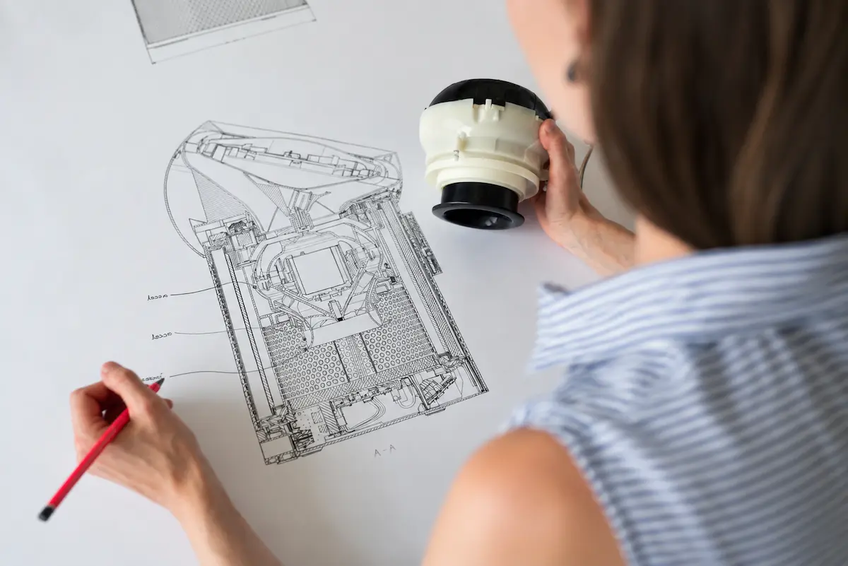 A designer holds a moulded plastic product component while marking up a cross-section drawing of the product with a red pencil