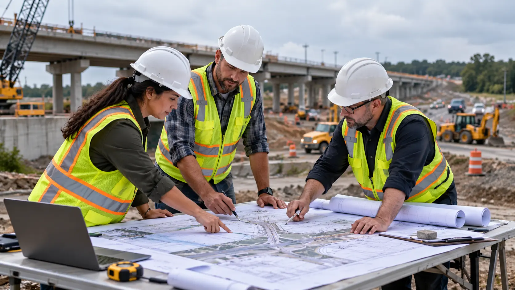 Three engineers in hard hats and high-visibility vests mark up a large aerial site plan of a highway corridor on a table outdoors, with an overpass under construction and excavators behind them