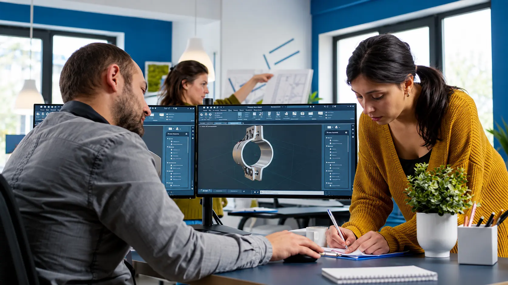 Two engineers at a desk review a 3D CAD model of a metal clamp on a monitor, one taking notes, while a colleague works at a drawing board behind them